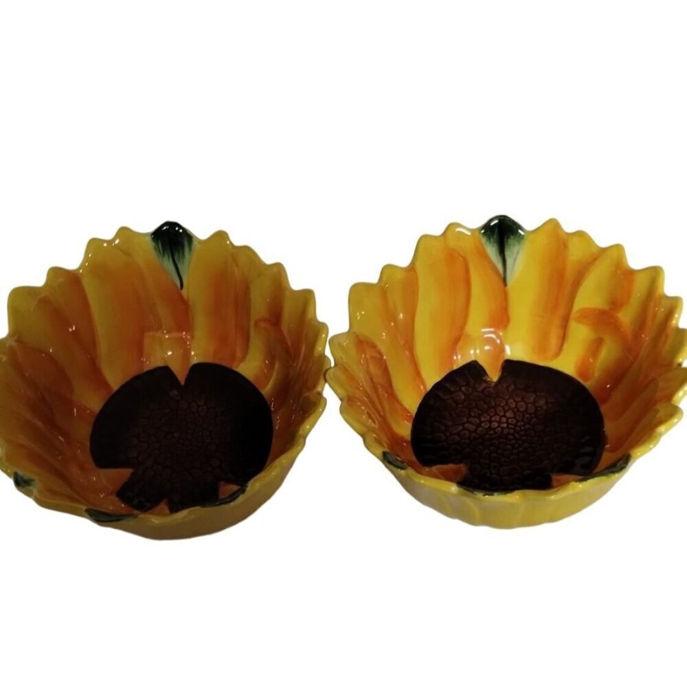 Pier 1 Imports Sunflower Shaped Ceramic Bowls Set Of 2 Yellow & Brown‎